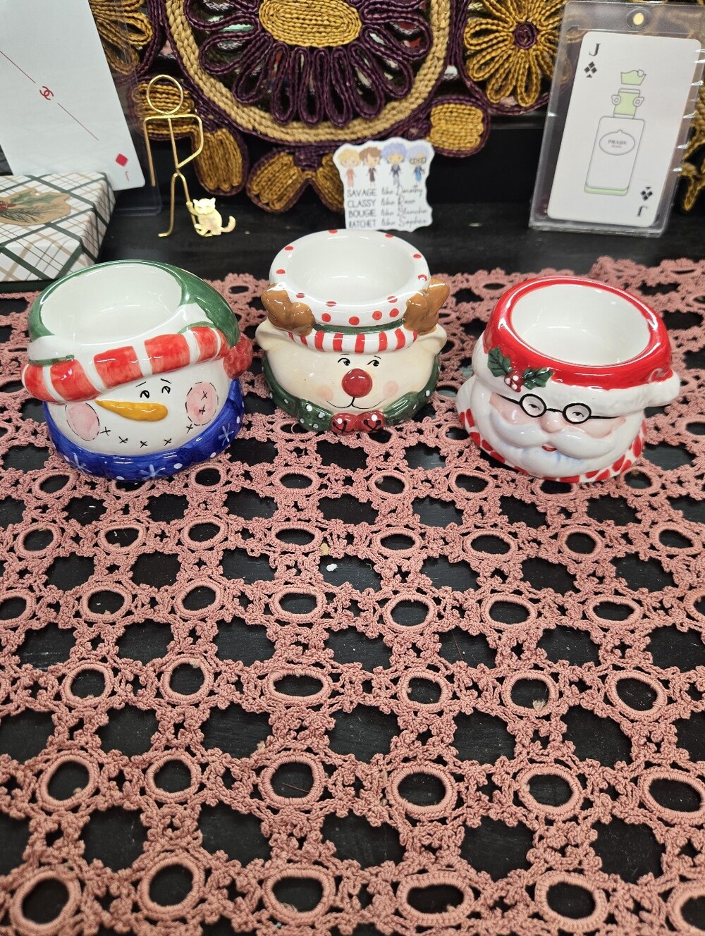 Home Interiors Holiday Ceramic Votive Trio - Snowman, Reindeer & Santa 2004